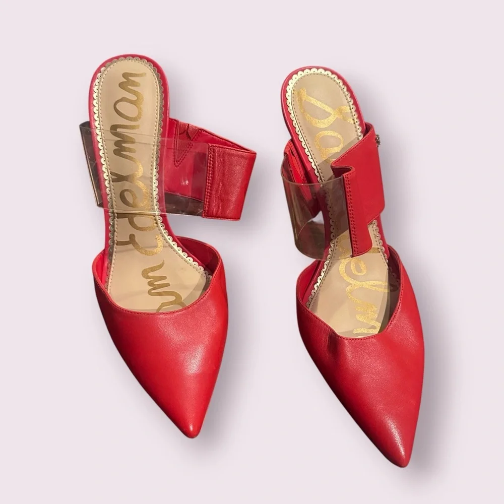 Sam Edelman Red Pointed-Toe Hope Heels with Clear Strap Size 9.5